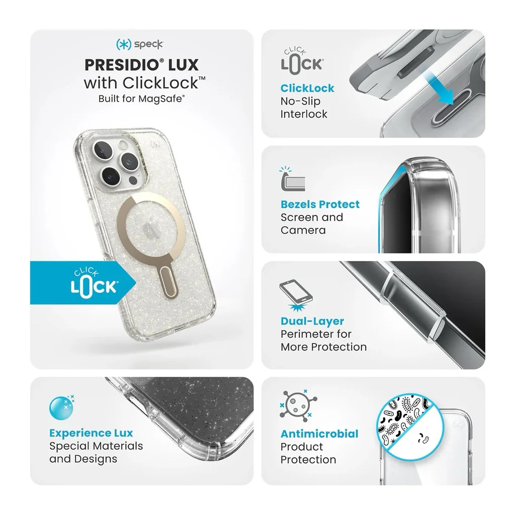 Speck Case with ClickLock/MagSafe for iPhone 16 Pro Max - Clear / Gold Glitter - Image 5