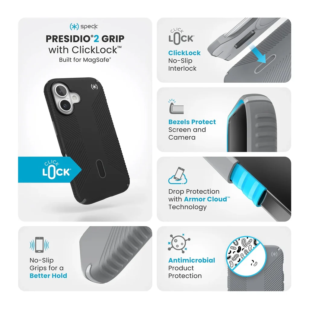 Speck Presidio2 Grip with ClickLock/MagSafe for iPhone 16 - Black - Image 5